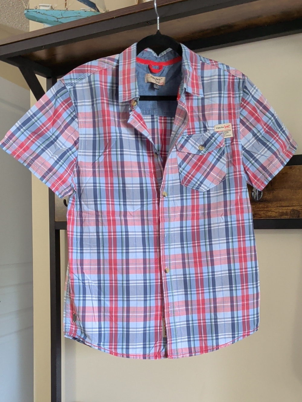 Men's Short Sleeve Plaid Shirt - Red & Blue